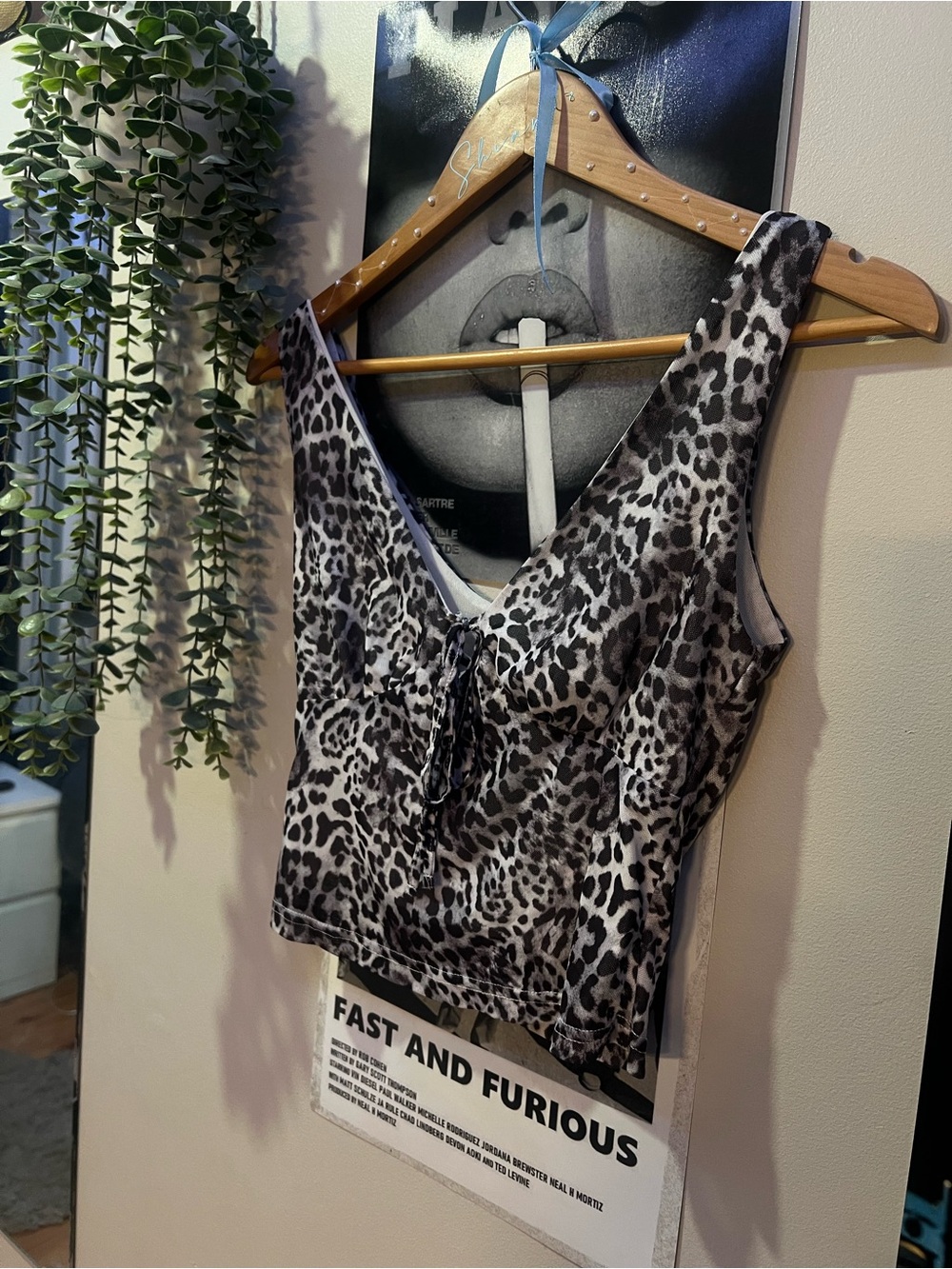 Source Unknown Black and Gray Leopard Tie-Front Camisole